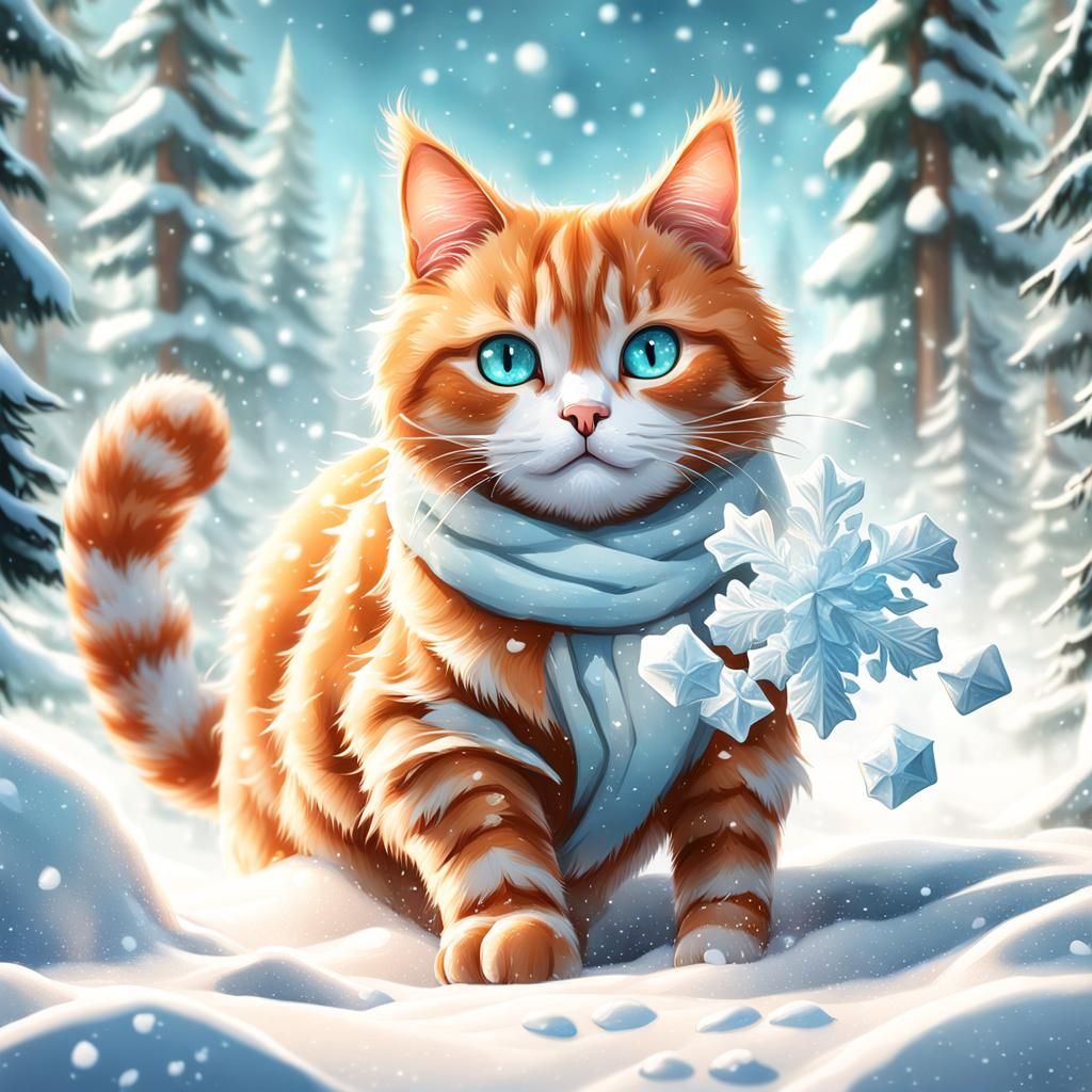 cute ginger cat playing with snow  in forest