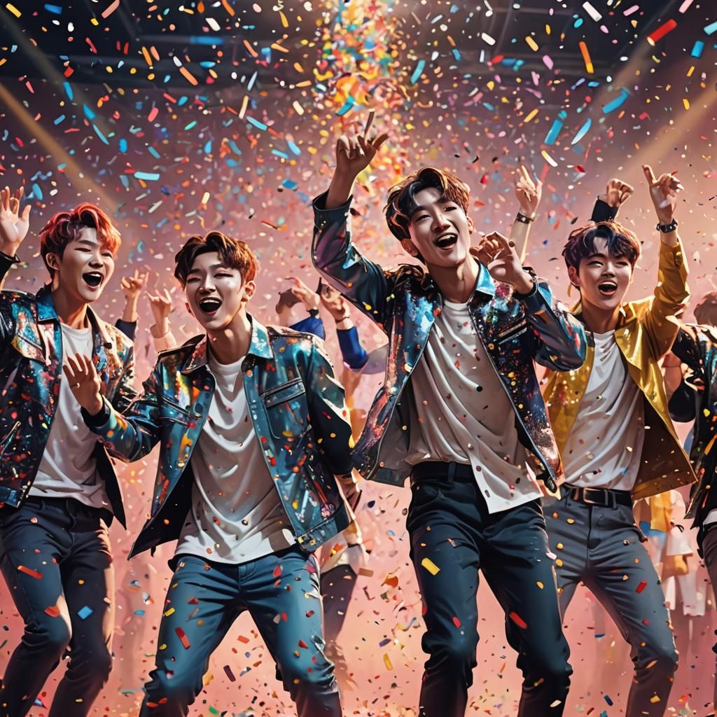 K-Pop Boy Group Concert: Hyperrealistic Splash Art