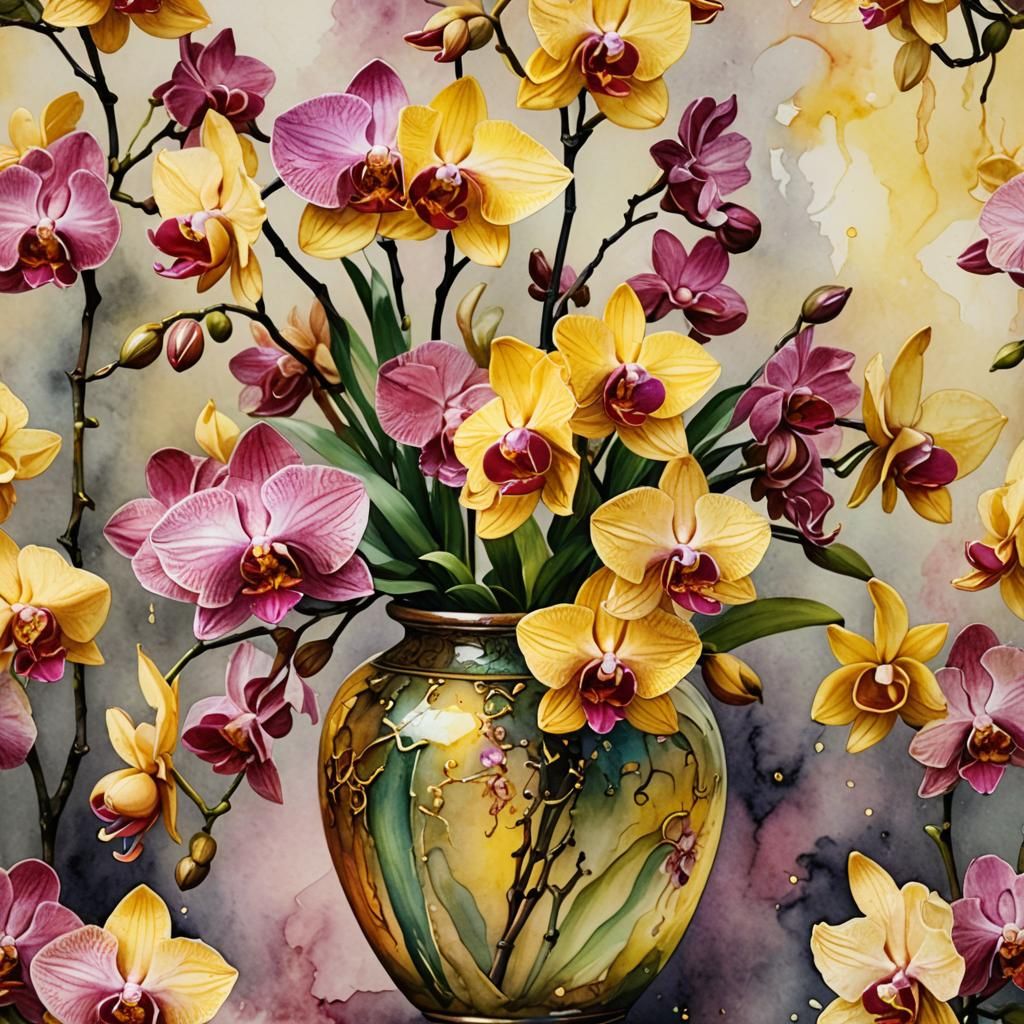 Yellow and Pink Orchids in Watercolor Style