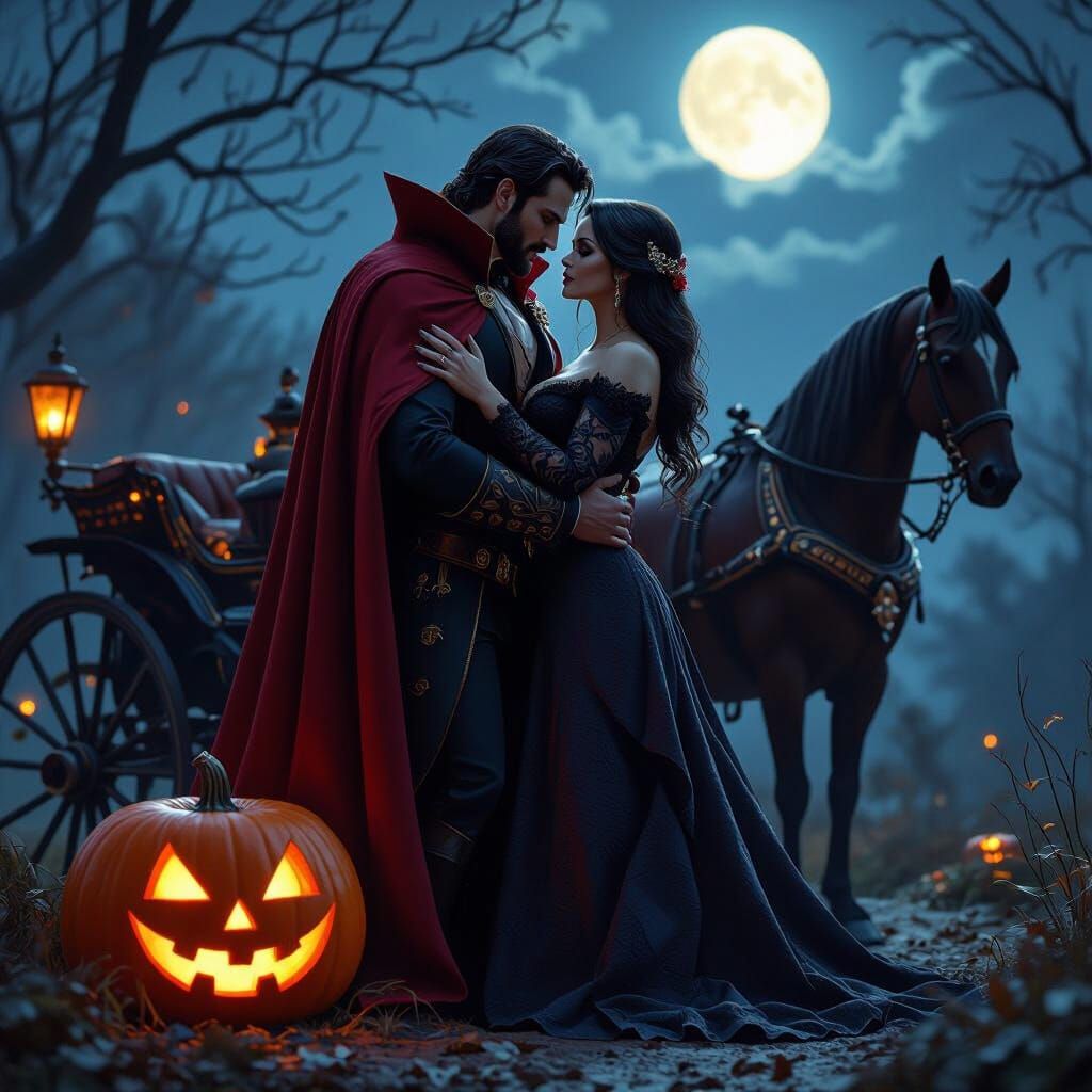 Vampire Embrace Under Moonlight: Matte Painting Style