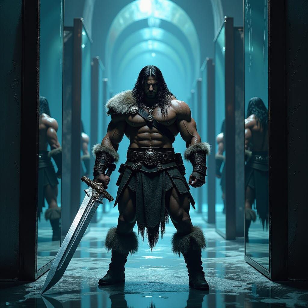 Conan in Ominous Hall of Mirrors: Gritty Fantasy Art