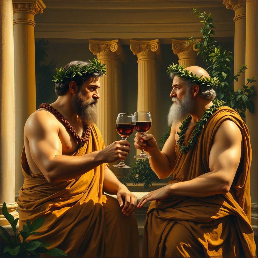 Ancient Greek Gods Raise Cups in Golden-Lit Banquet Scene