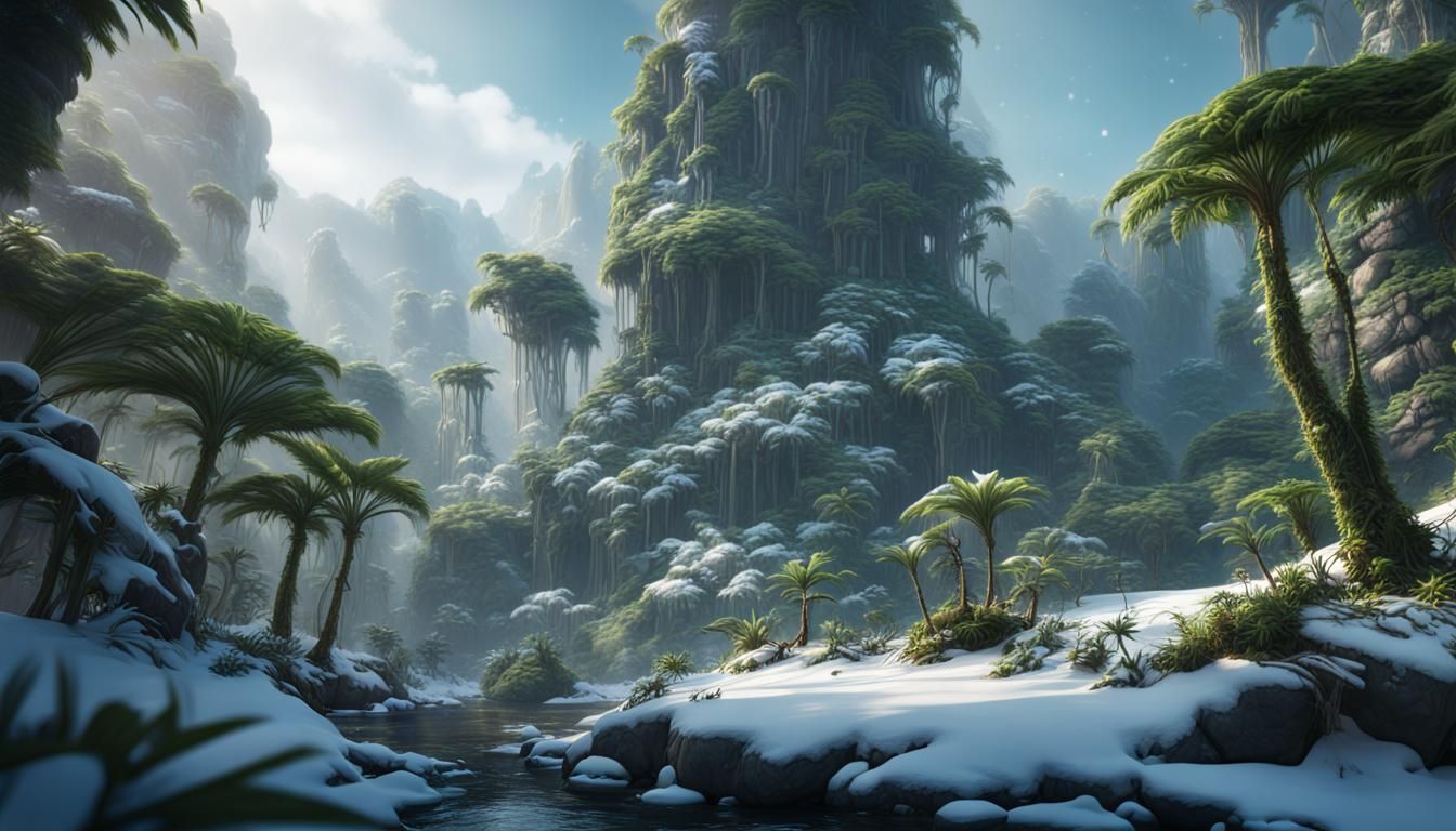 Snow-Covered Tropical Jungle in Detailed Matte Painting