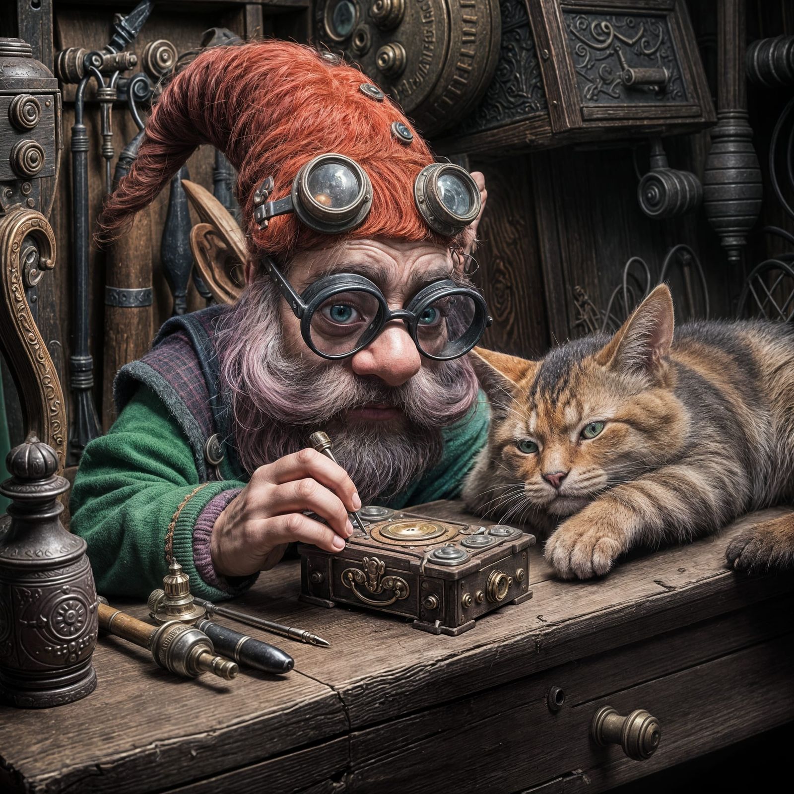Whimsical Gnome Tinkerer in Fantastical Workshop