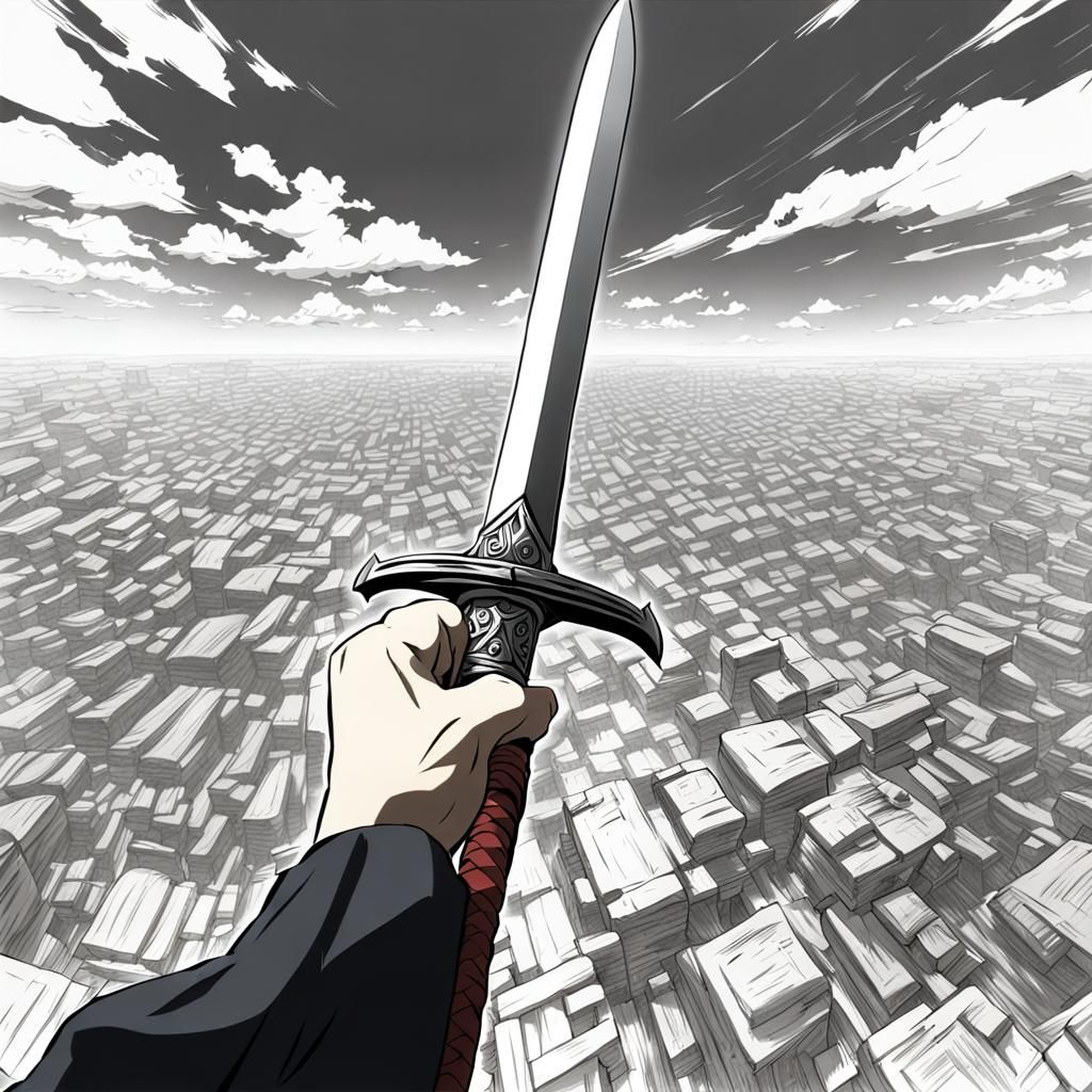 First-Person Sword View in Anime Manga Style