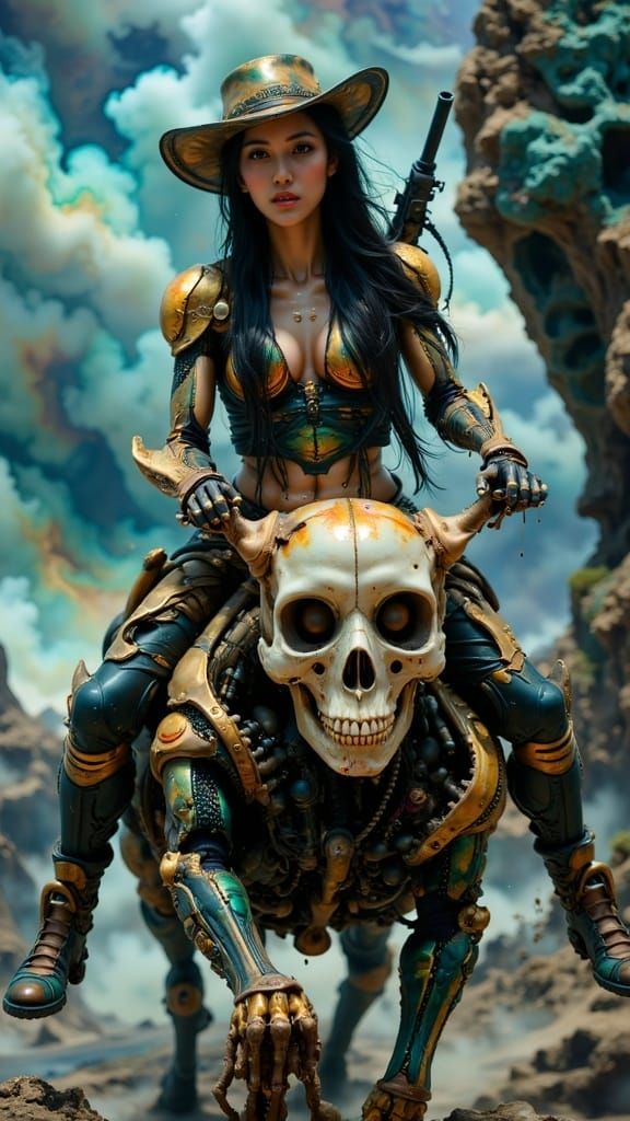 Creation Summary by Vincent 
Gothic Dieselpunk Gunslinger Rides Sasquatch through Fiery