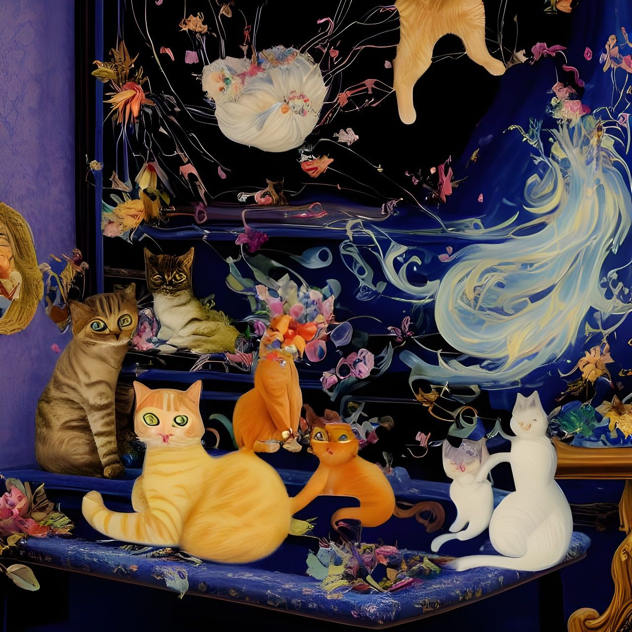 Cats Hangout on Antique Furniture with Silk Embroidery