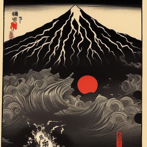 Erupting Volcano with Yokai Spirits in Dark Fantasy Art