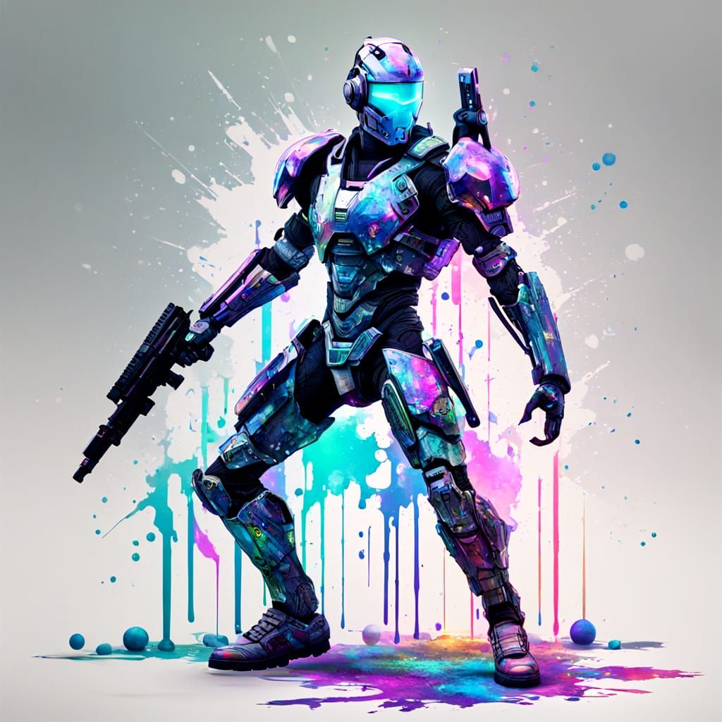 Iridescent Cybernetic Warrior in Ink Splatter Style