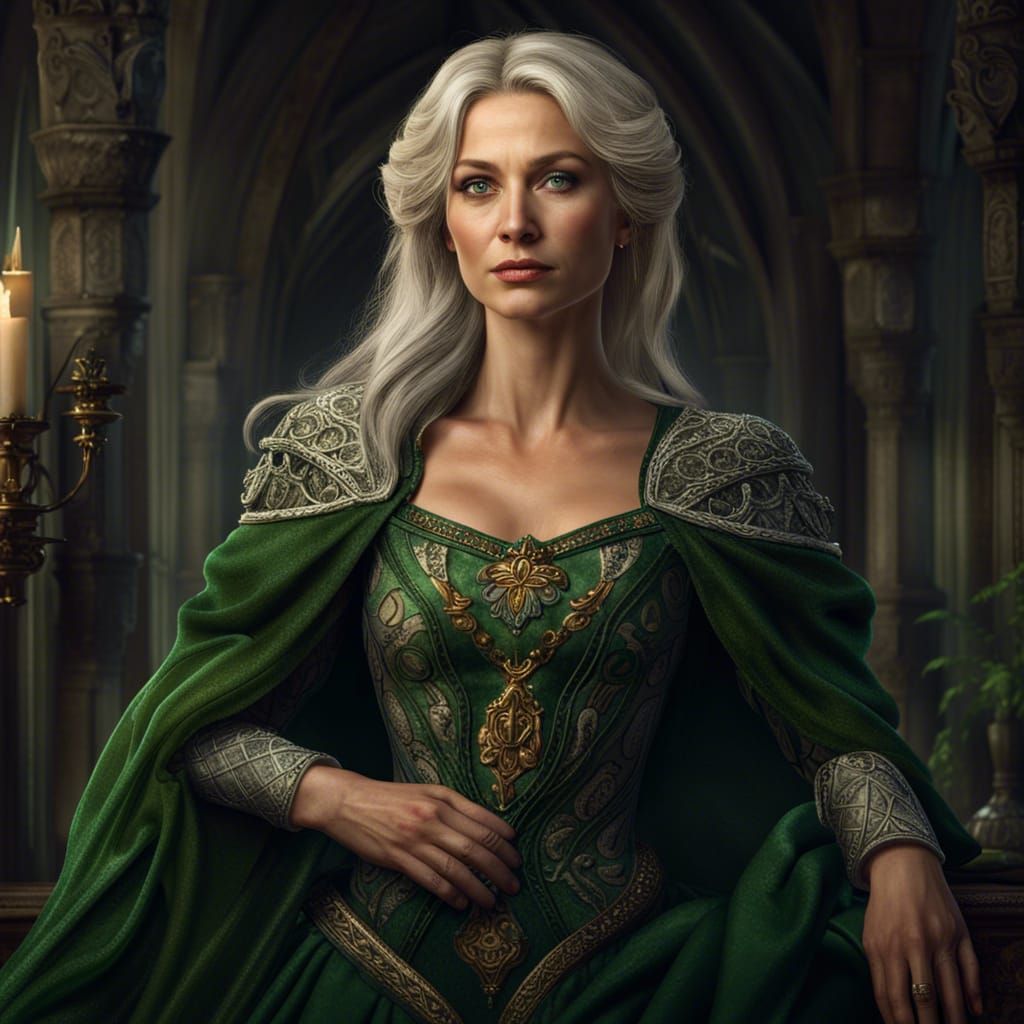 Elegant Medieval Queen in Green Dress, Digital Art
