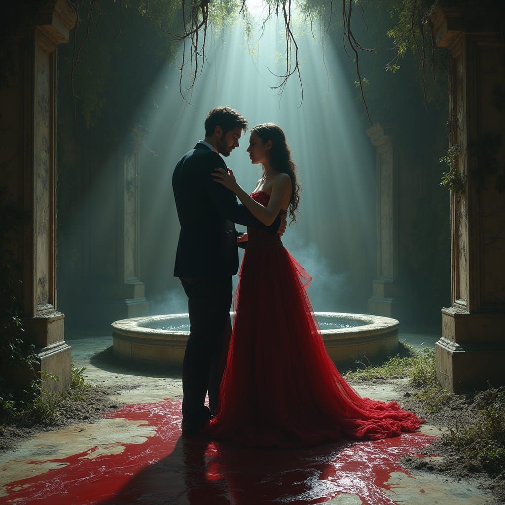 Gothic Couple Dancing in Dimly Lit Ballroom