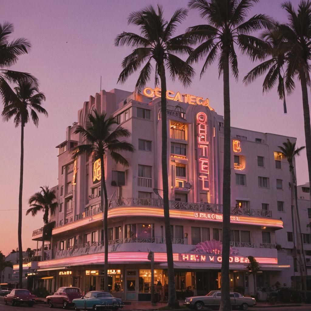 Ocean View Hotel in Art Deco Style at Sunset