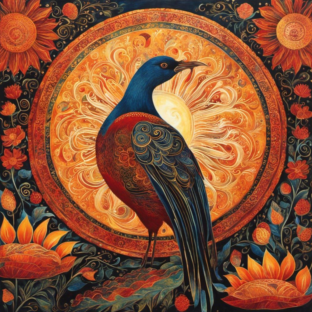 Phoenix and Sun Illustration in Vibrant Style