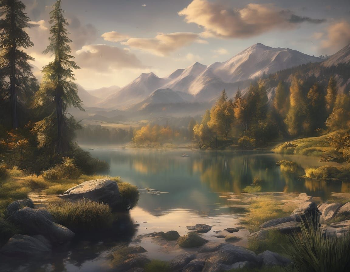 Serene Mountain Landscape in Hyper-Realistic Oil Painting