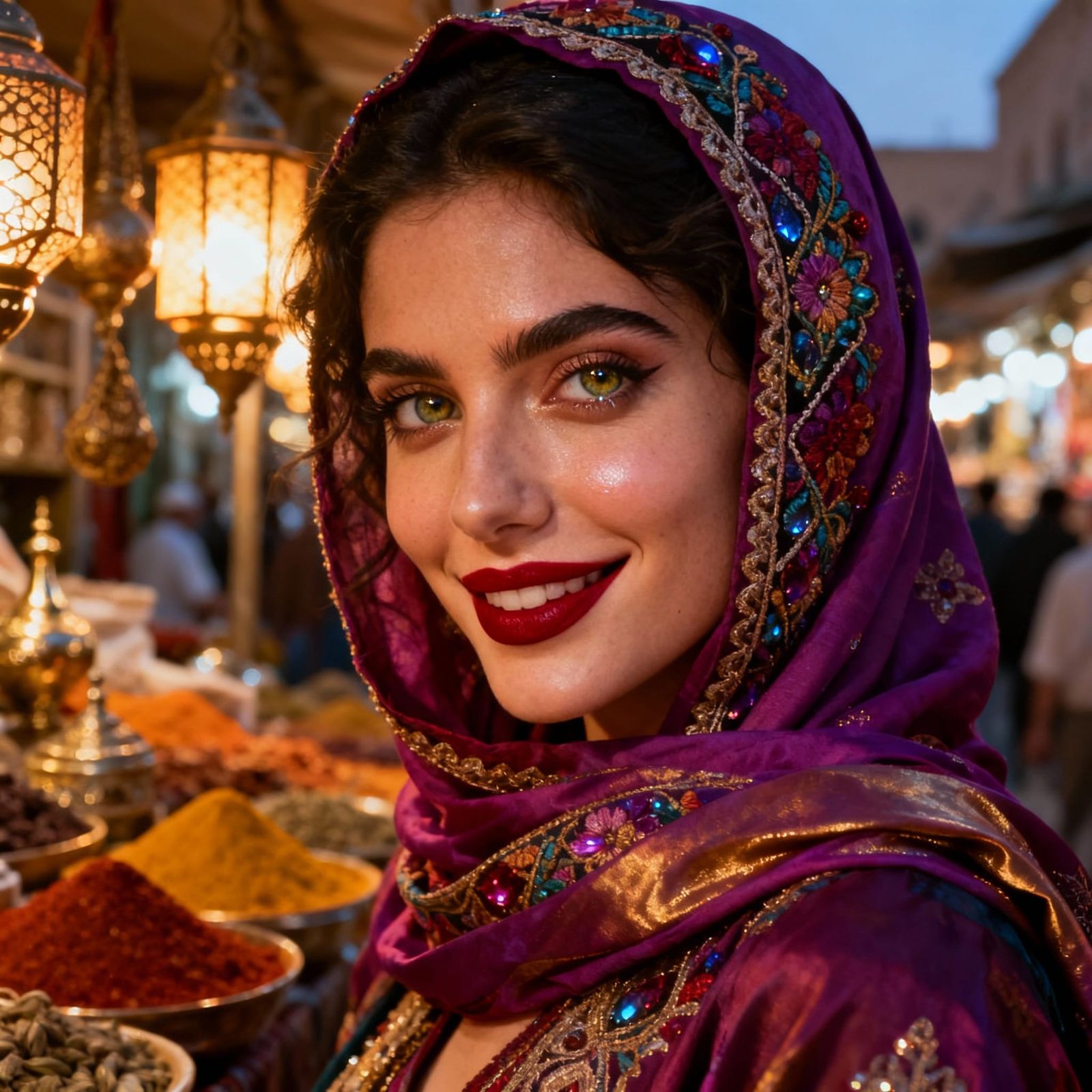 Romani Woman in Vibrant Headscarf at Dusk Market