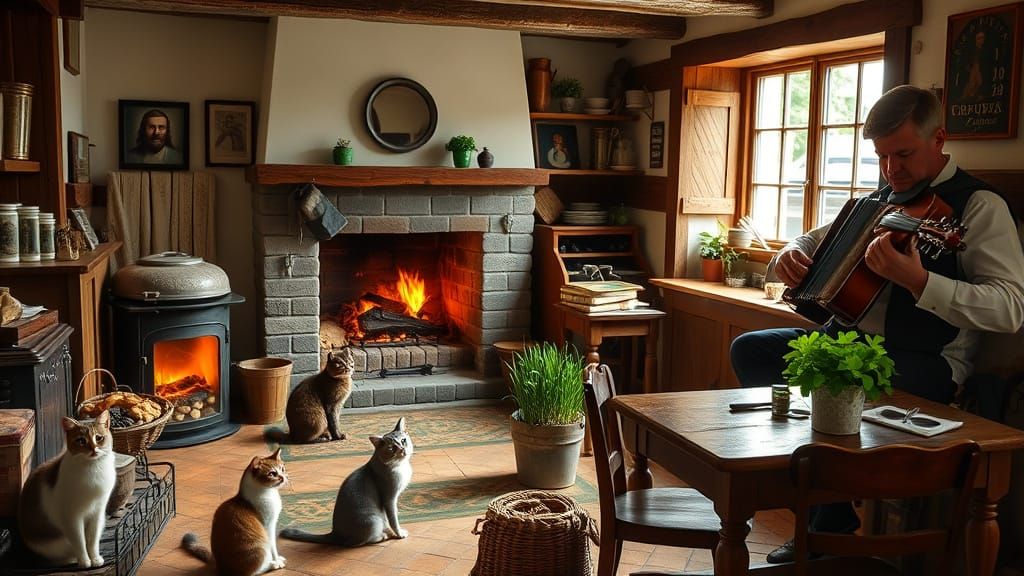 Vintage Irish Kitchen Scene with Fiddle Players and Turf Fir...