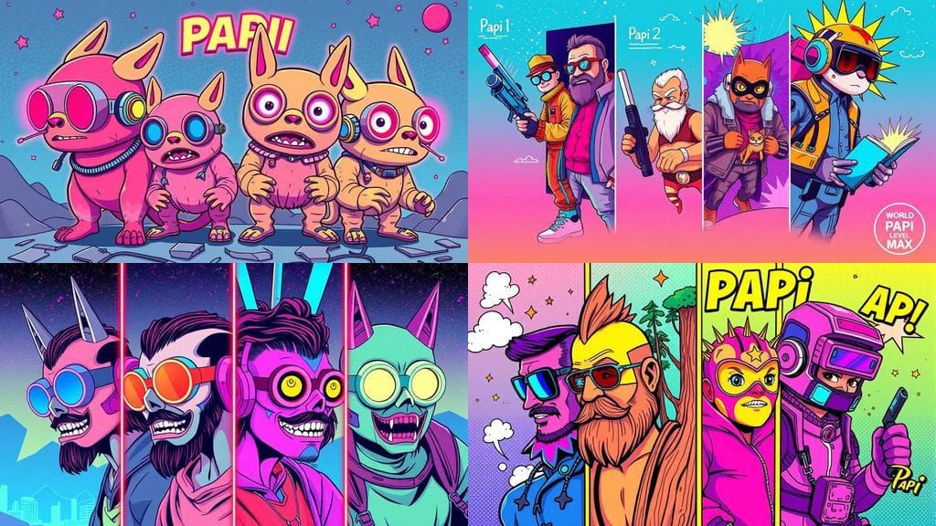 Humorous Surreal Illustration of 'Papi' in Multiple Realitie...