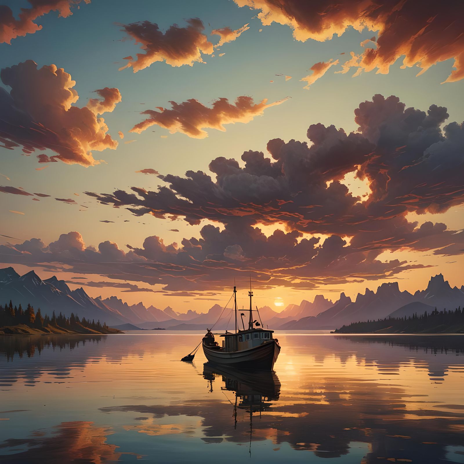 Fishing Boat on Mirrored Lake at Sunset