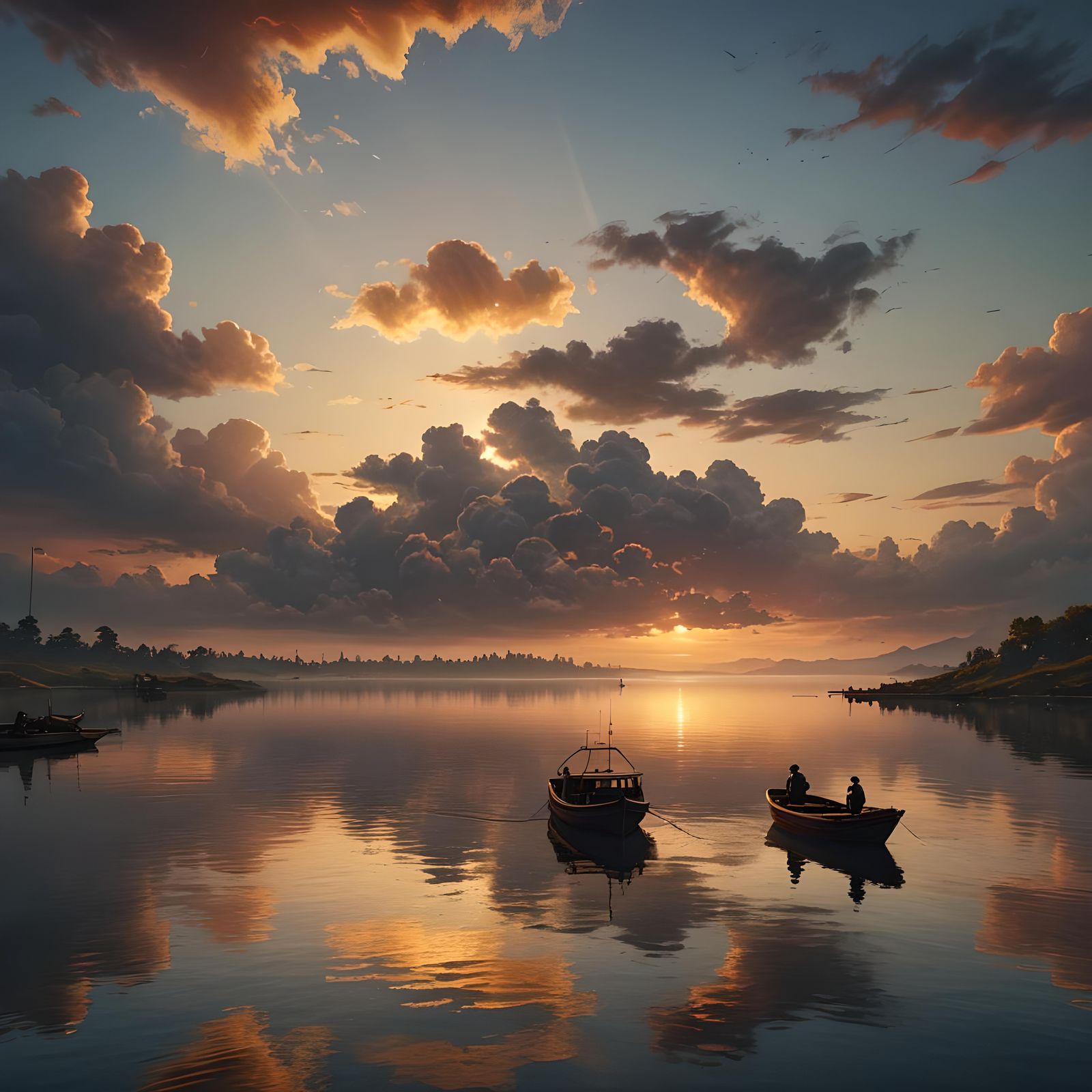 Fishing Boat on Mirrored Water at Sunset