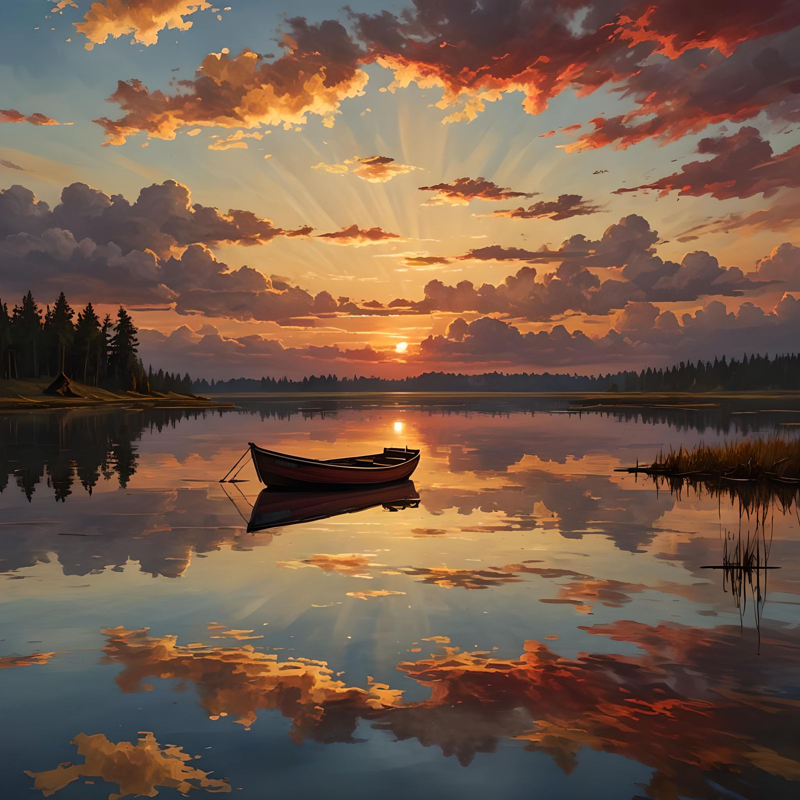 Lonely Fishing Boat at Sunset: Fantasy Concept Art