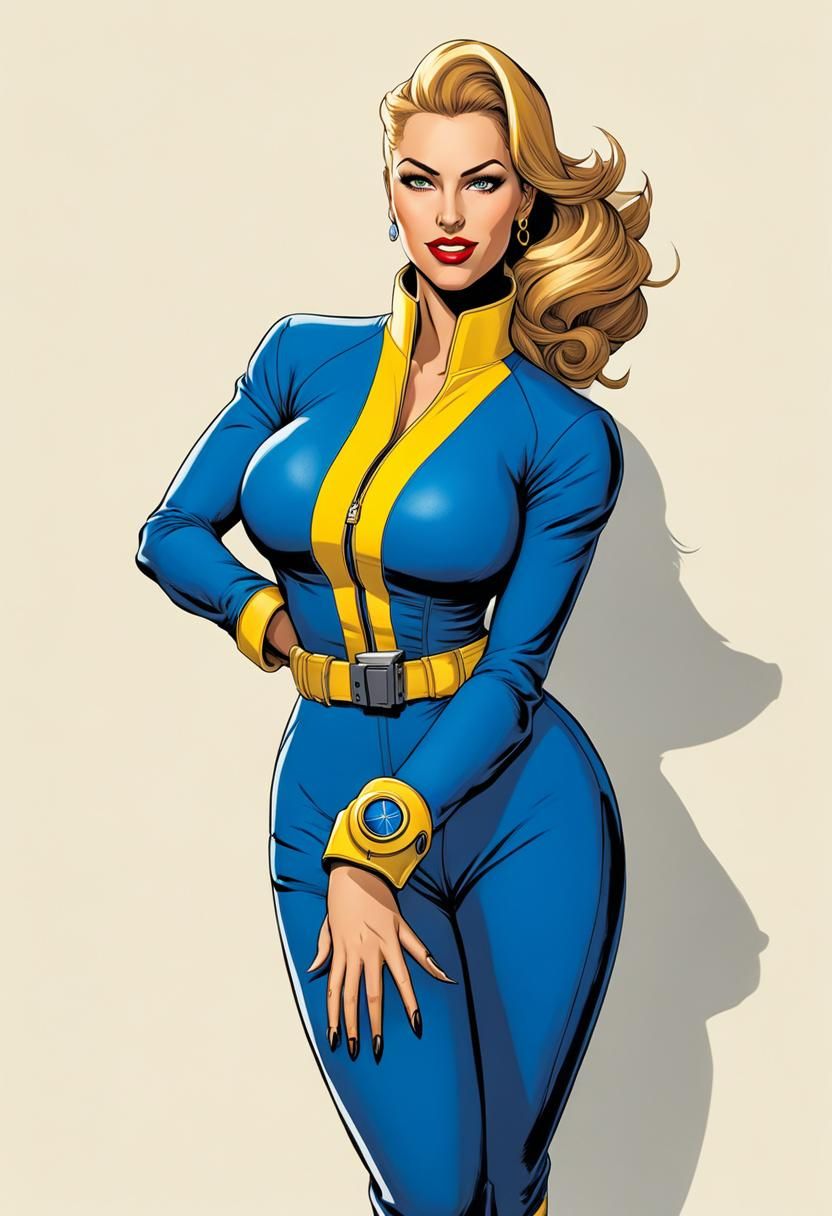 An illustration of a woman wearing a Vault-Tec jumpsuit
