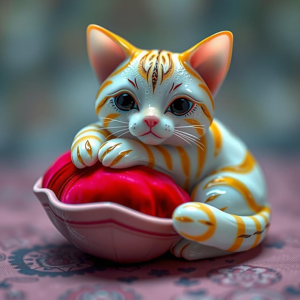 Enameled Glass Cat Figurine on Red Pillow