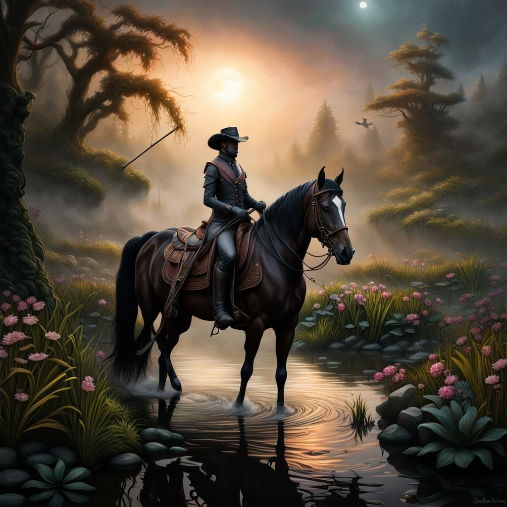 Horse wearing a magical plant stirrup and saddle, flower halter, swamp, dense fog, intricate details, HDR, beautifully s...