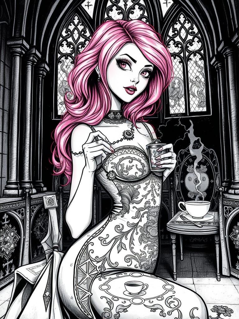 Gothic Woman Sipping Tea in Eerie Noir Style
