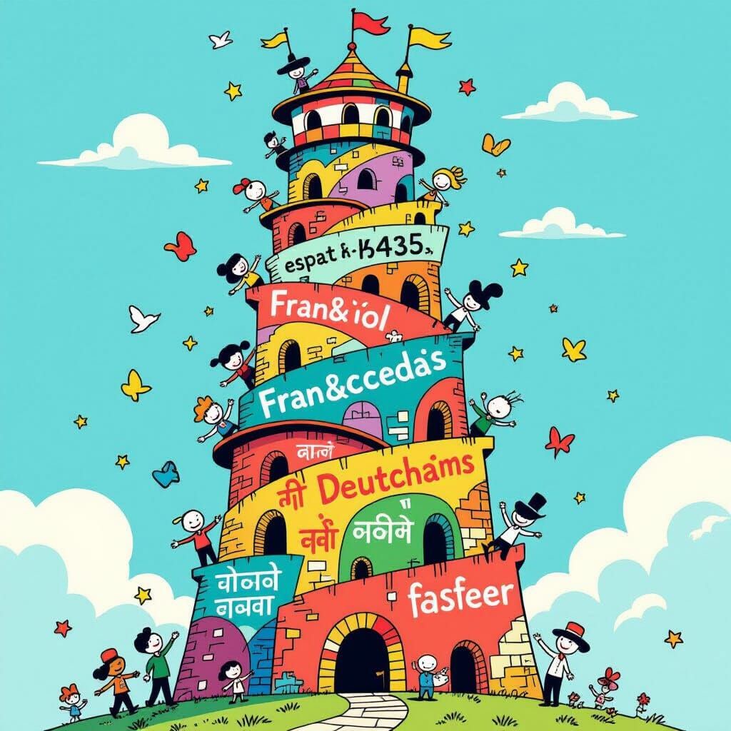 Whimsical Tower of Babel in Dr. Seuss Style