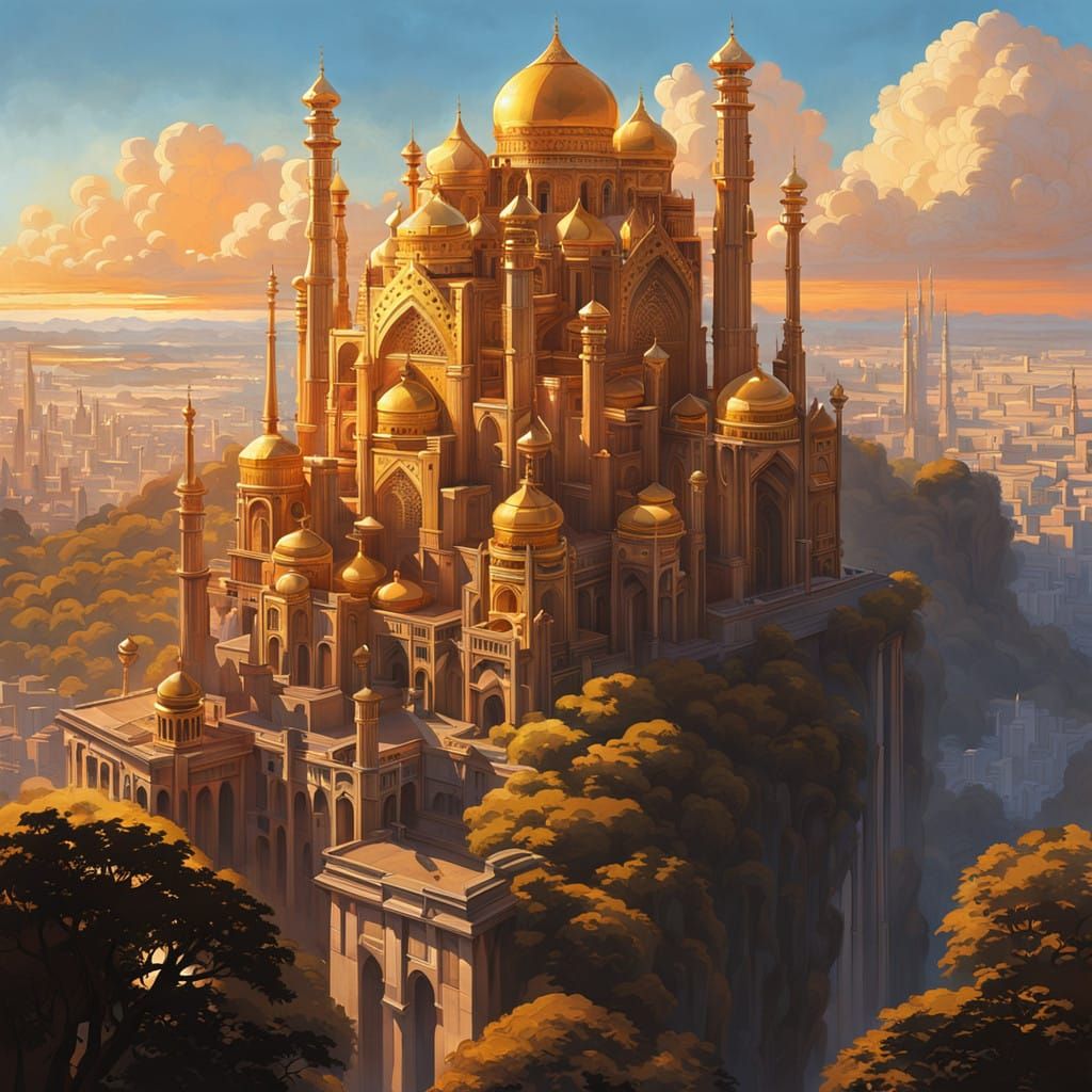 Ancient Futuristic Floating City of Golden Towers