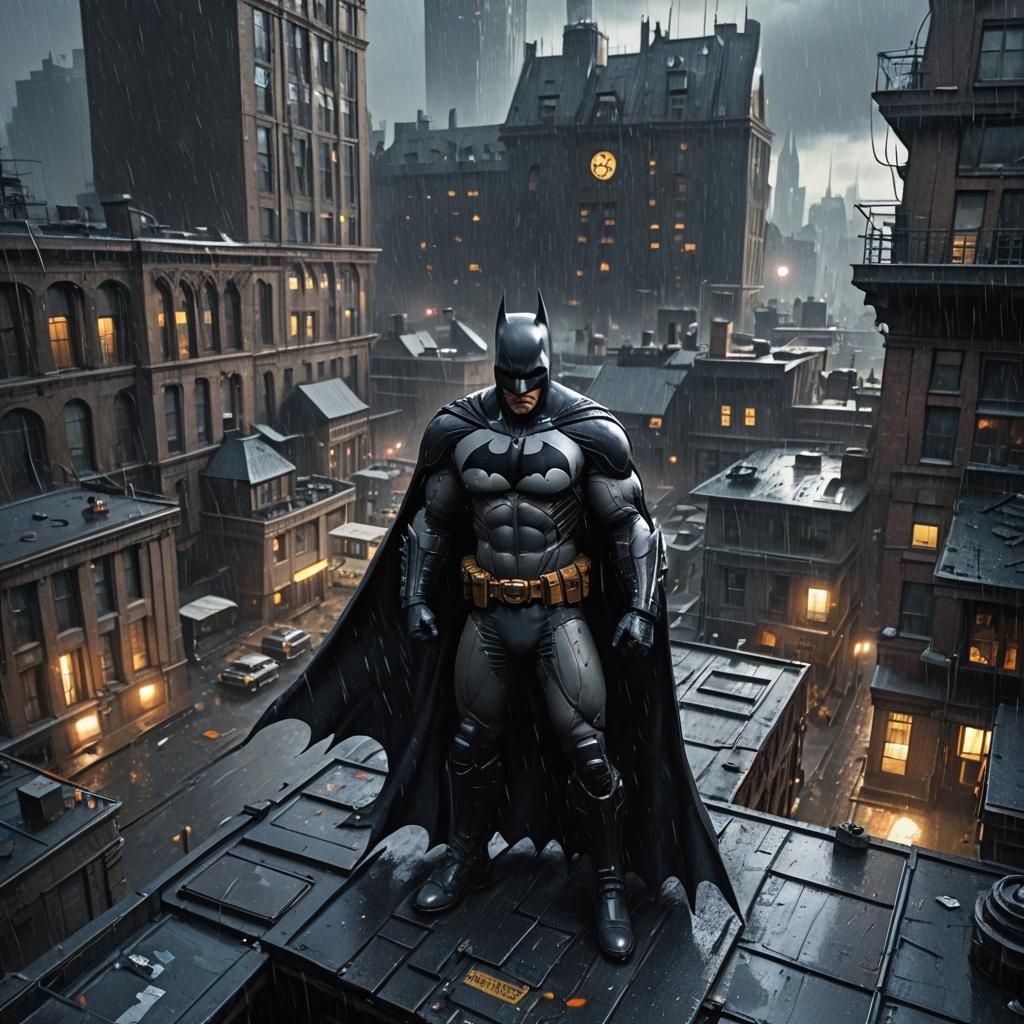 Batman on Gotham PD Roof: Detailed Matte Painting