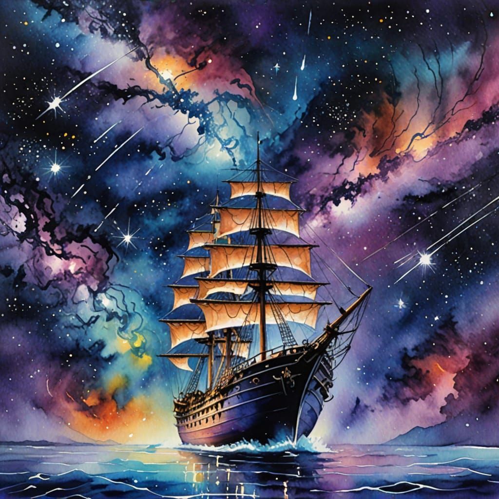 Ship Sailing Galaxy Watercolor Art Print