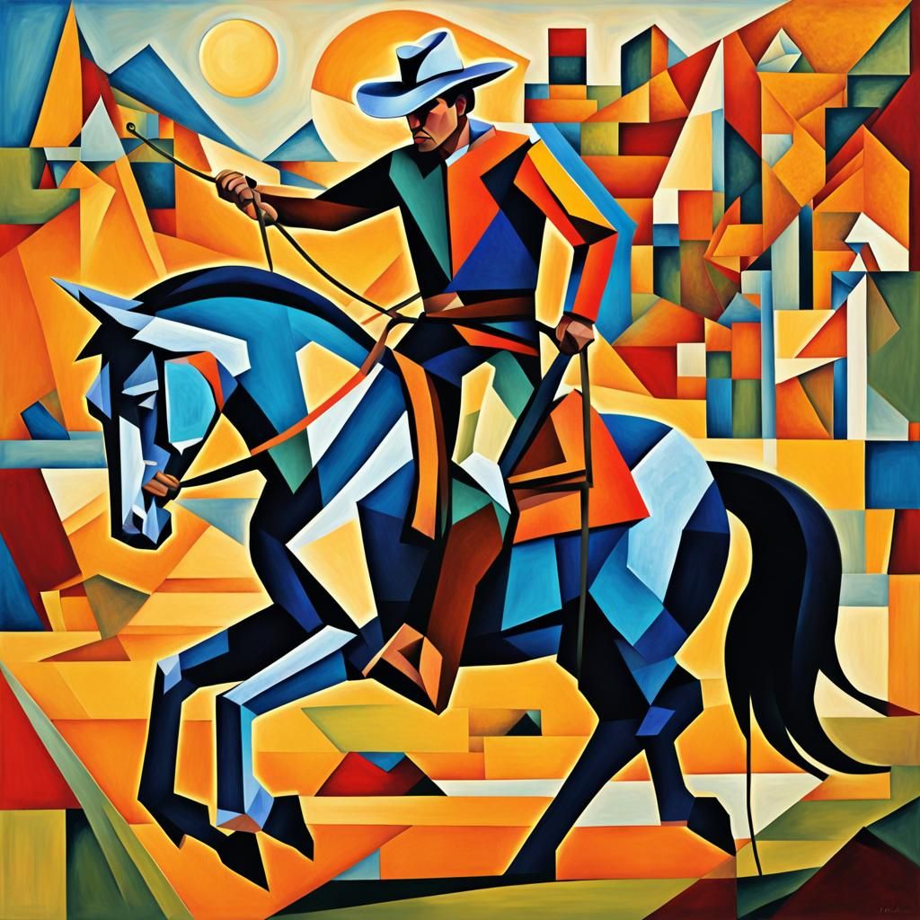 Cowboy Lassoing Cow in Cubist Art Deco Style
