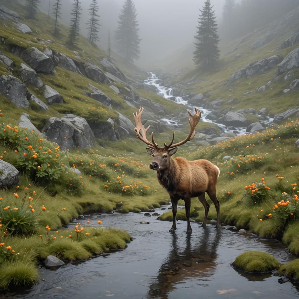 Reindeer at Mountain Stream in Morning Fog
