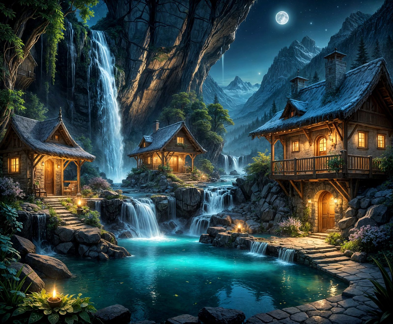 Enchanting Holiday Chalet in Moonlight Waterfall Valley