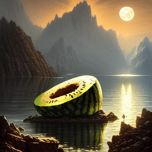 Golden Watermelon in Lake: Dark Fantasy Concept Art