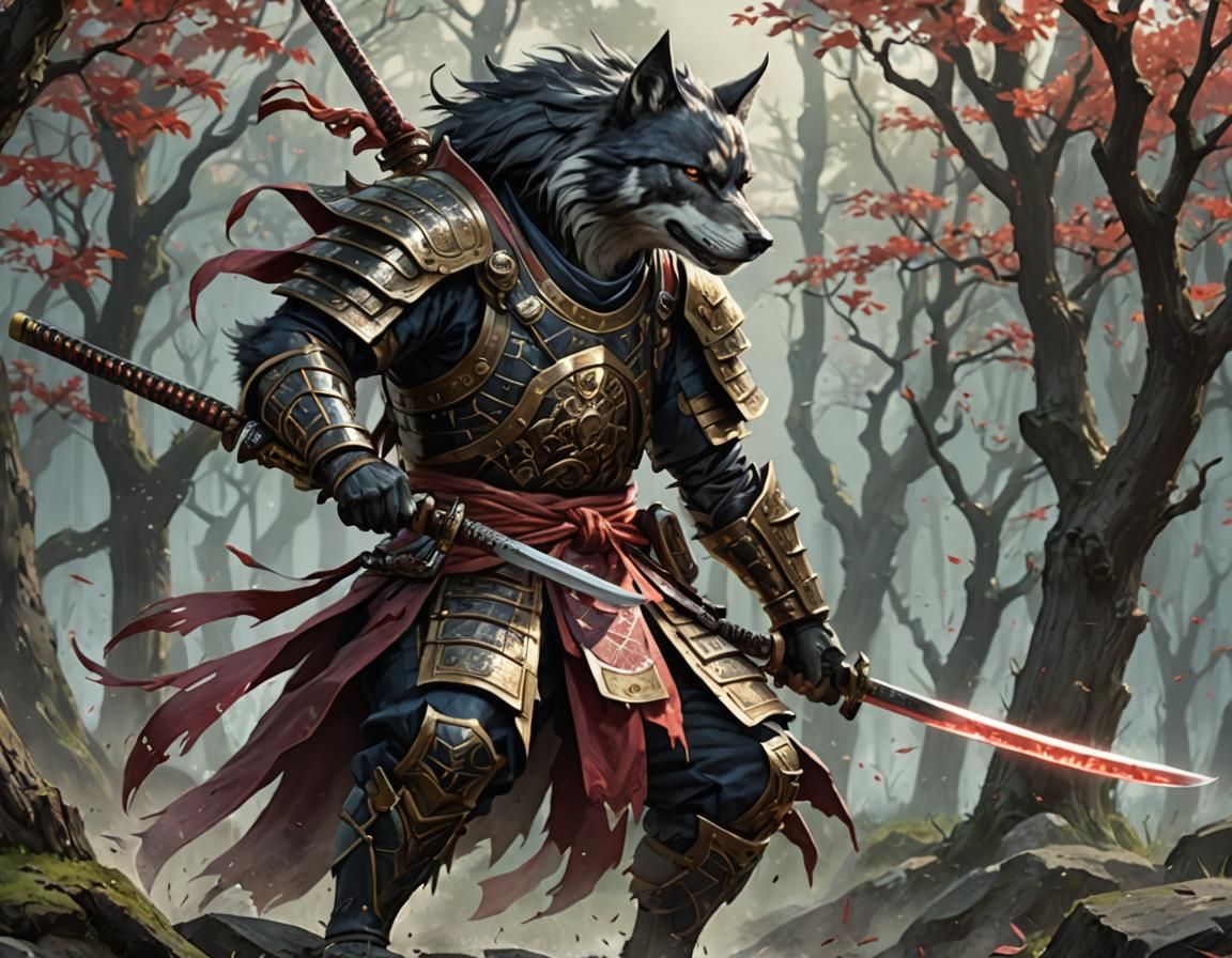 The Magic Wolf The Gathering Disguised as Samurai, 4k, concept art, fantasy