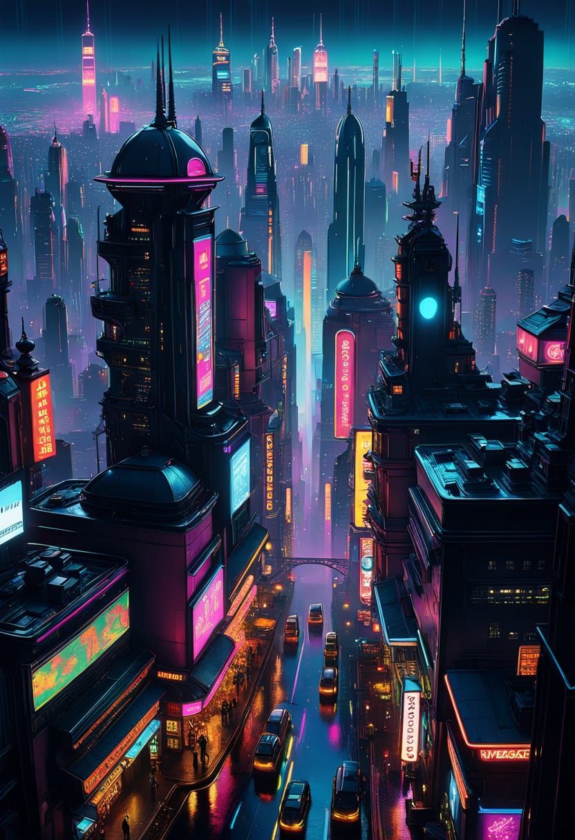 Cyberpunk Metropolis at Night in Cinematic Style