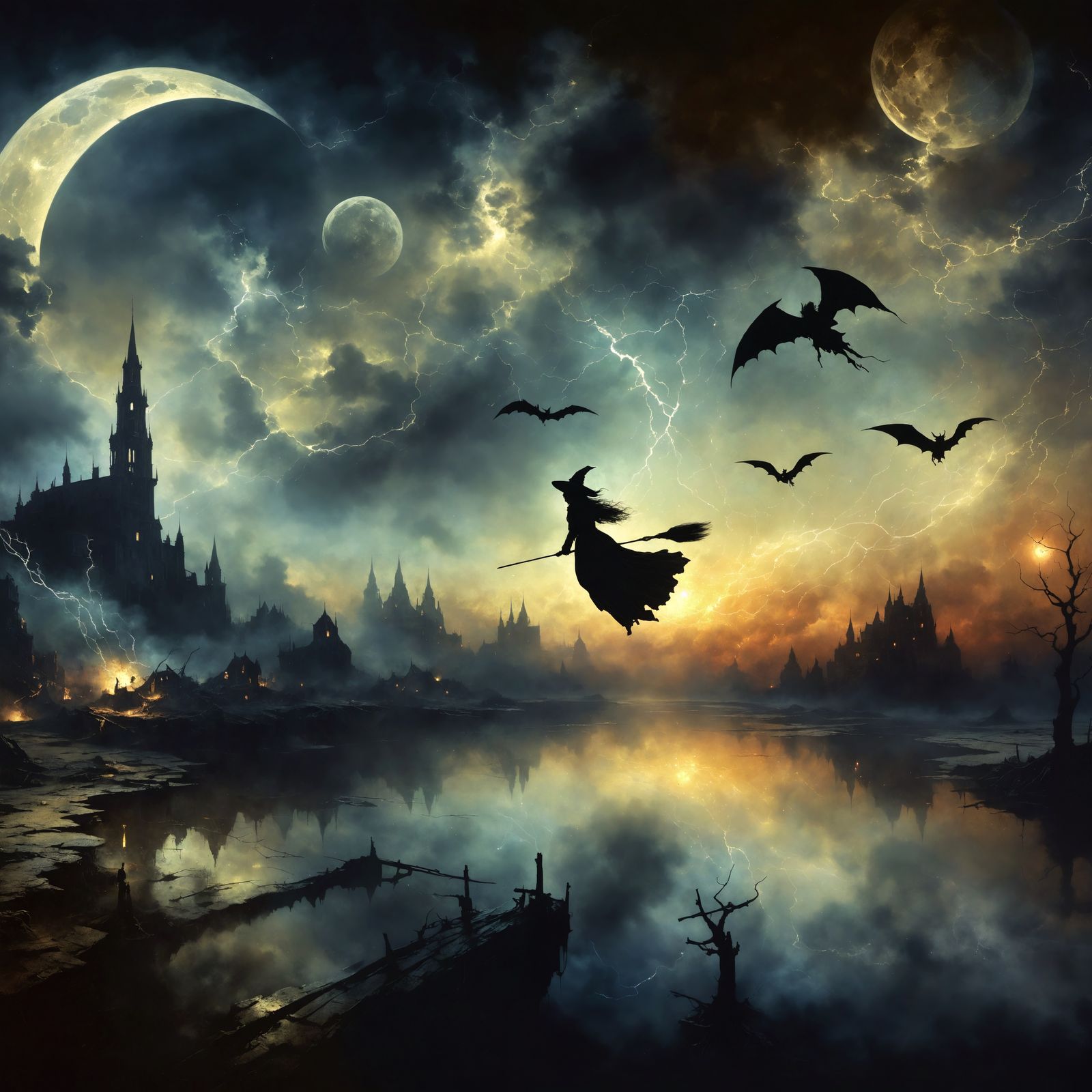 Gothic Witch at Twilight: A Shadowy Oil Painting