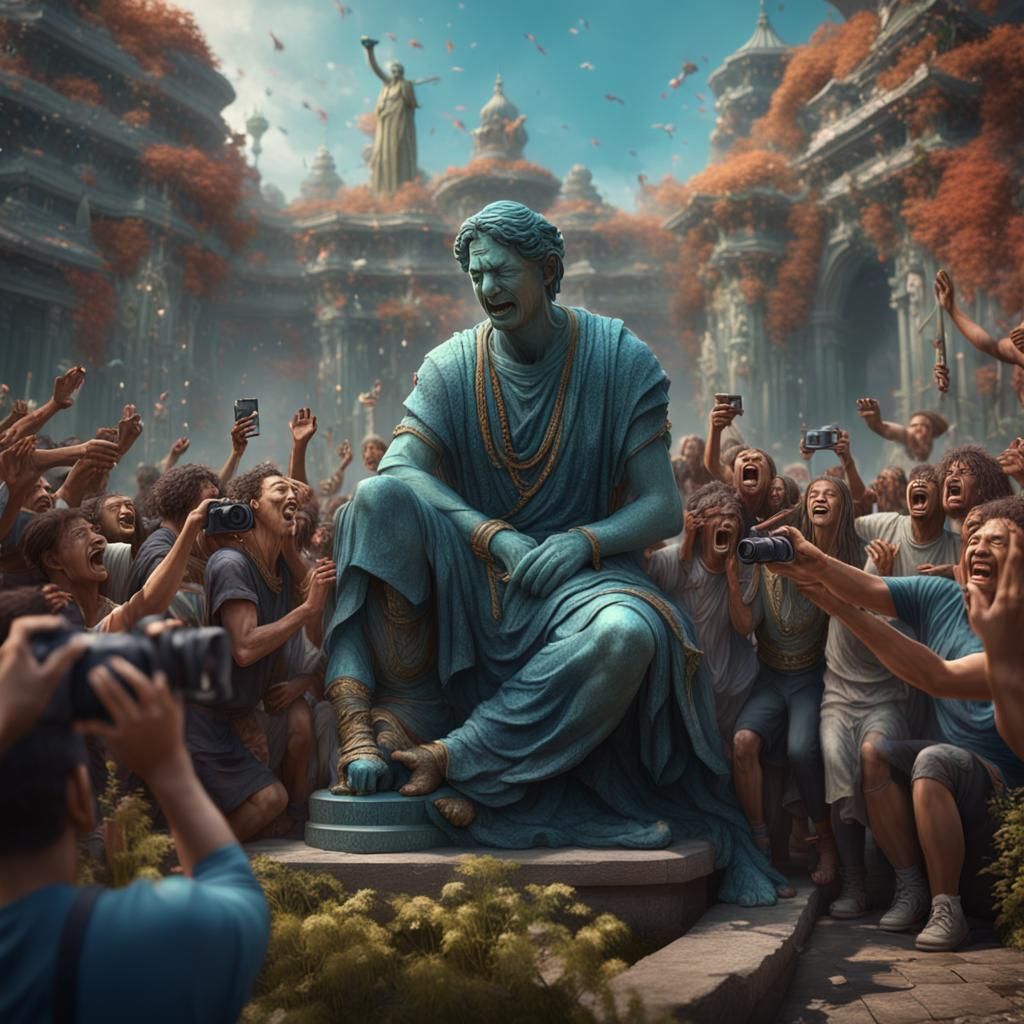 Crying Statue Amidst Joyful Photographers