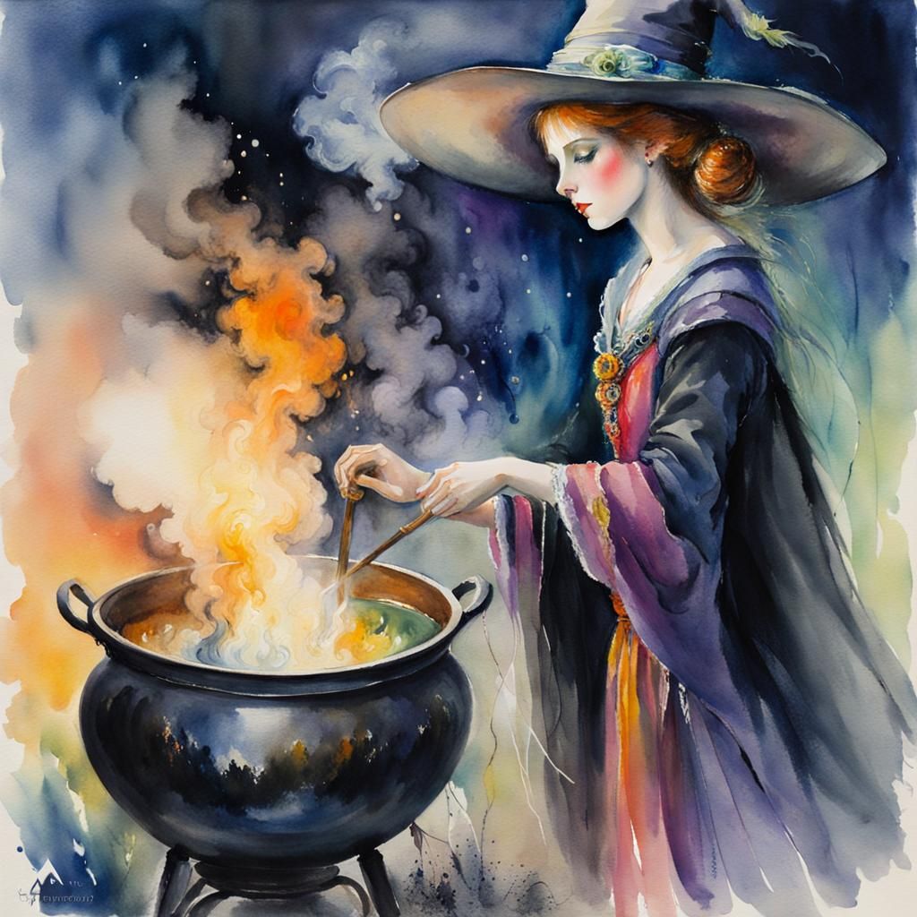 Witch with Cauldron in Watercolour Fantasy Style