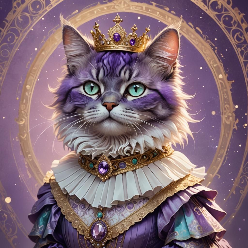 Whimsical Fantasy Cat Queen in Lavender and Turquoise Ruffle...