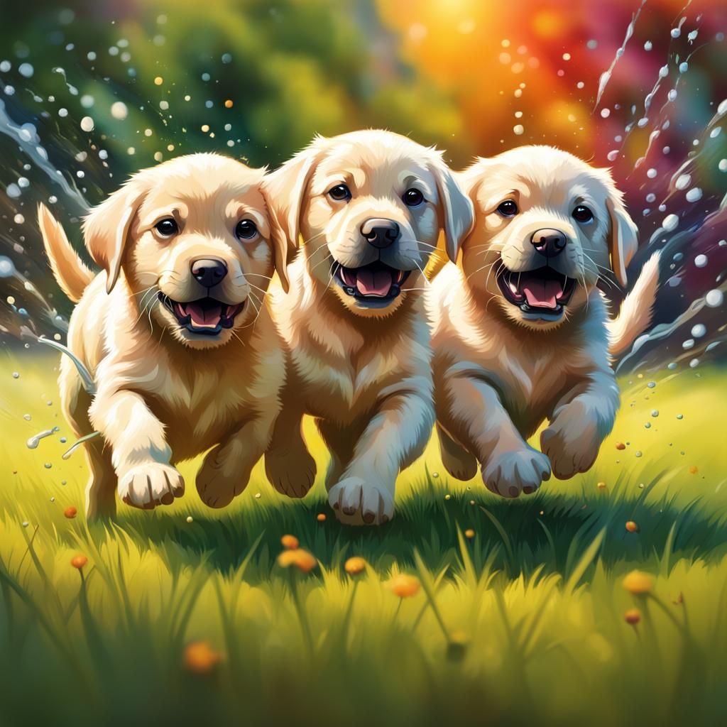 Happy Labrador Puppies Playing on Lawn