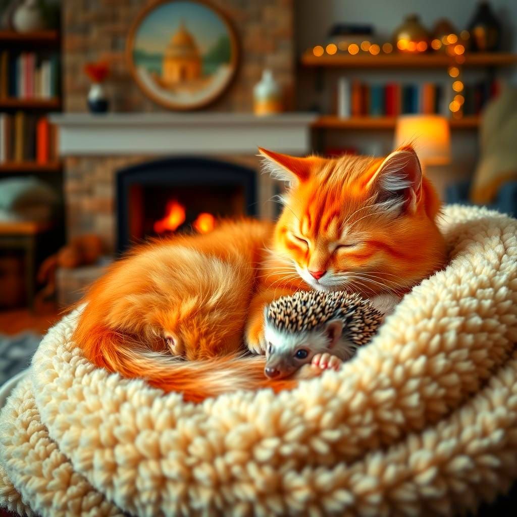 Cozy Cat and Hedgehog Snuggle
