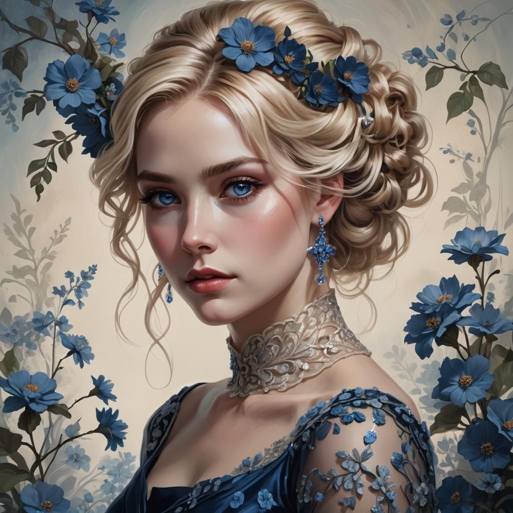 Ethereal Woman with Blue Flowers, Digital Painting