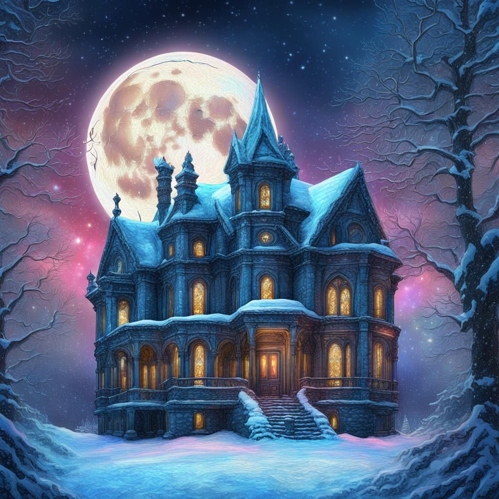Snowy Gothic Mansion Under Astral Full Moon