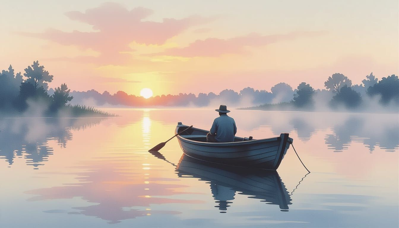 Serene Sunrise Fishing Scene as Watercolor Painting