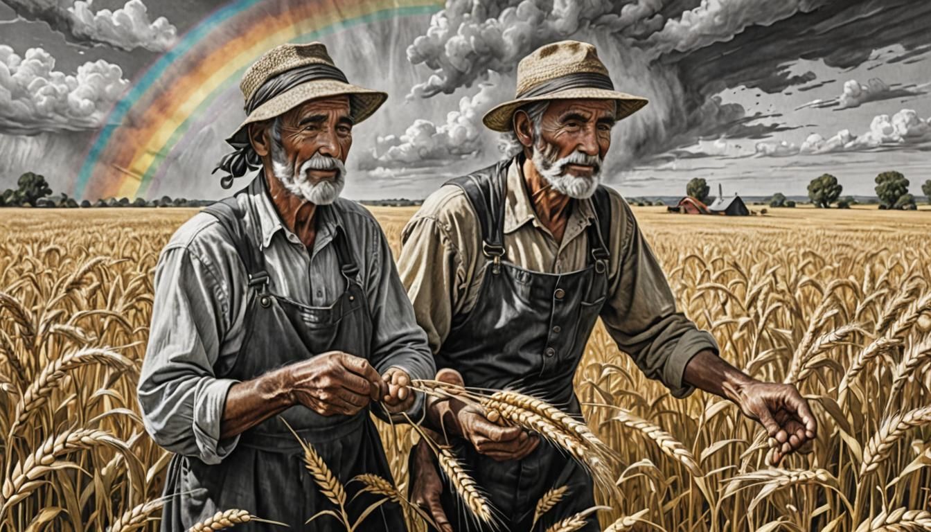 Detailed Charcoal Drawing: Elderly Farmer Harvesting Wheat