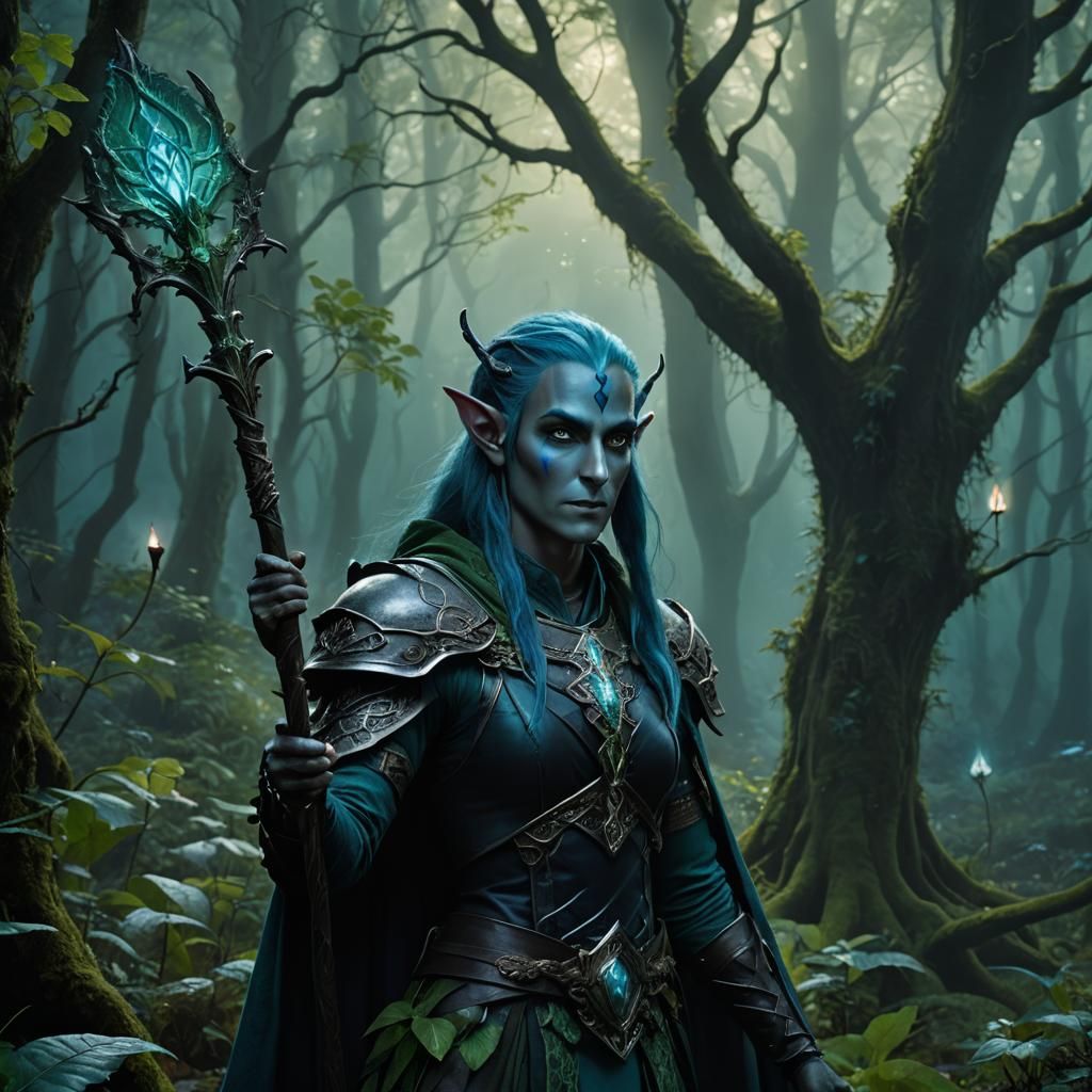 Dark Elf Cleric in Mystical Forest: Fantasy Concept Art
