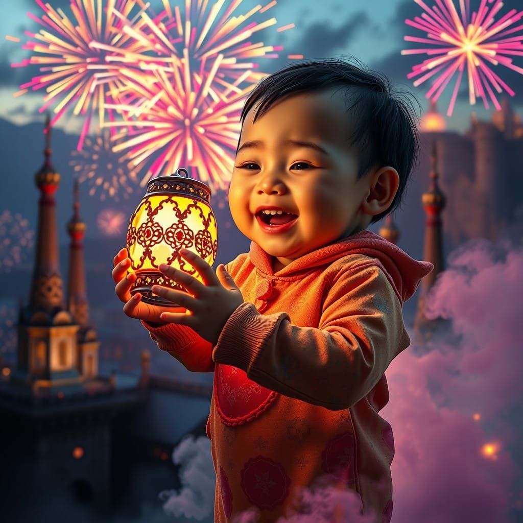 Joyful Infant Surrounded by Vibrant Fireworks in Whimsical C...